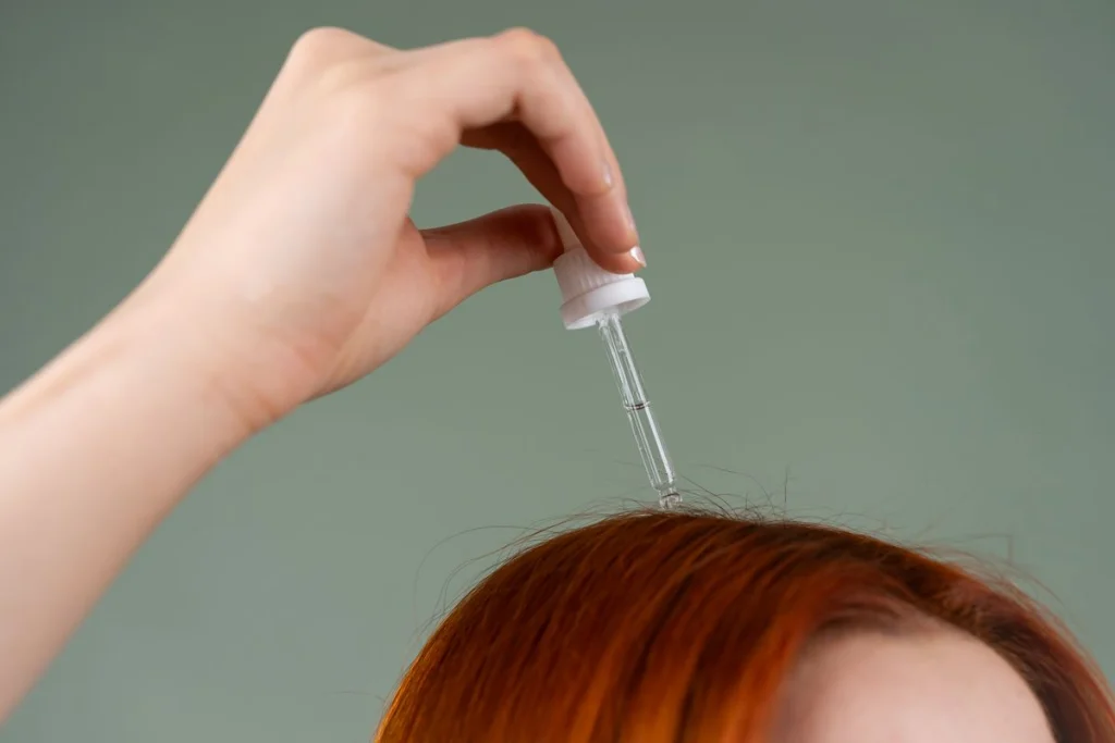Haarserum met druppelaar wordt aangebracht op de hoofdhuid