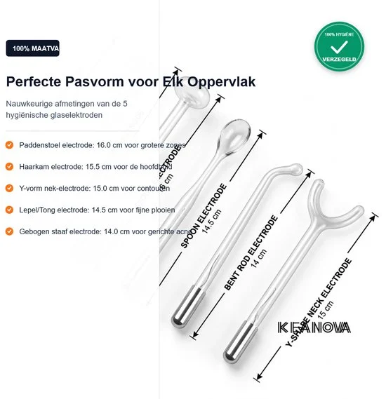 De 5 glaselektroden van de KEANOVA Darsonval met afmetingen: paddenstoel, haarkam, Y-vorm, lepel en gebogen staaf